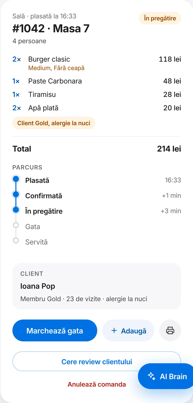 Detaliul comenzii #1042 de la masa 7, cu parcursul și datele clientului