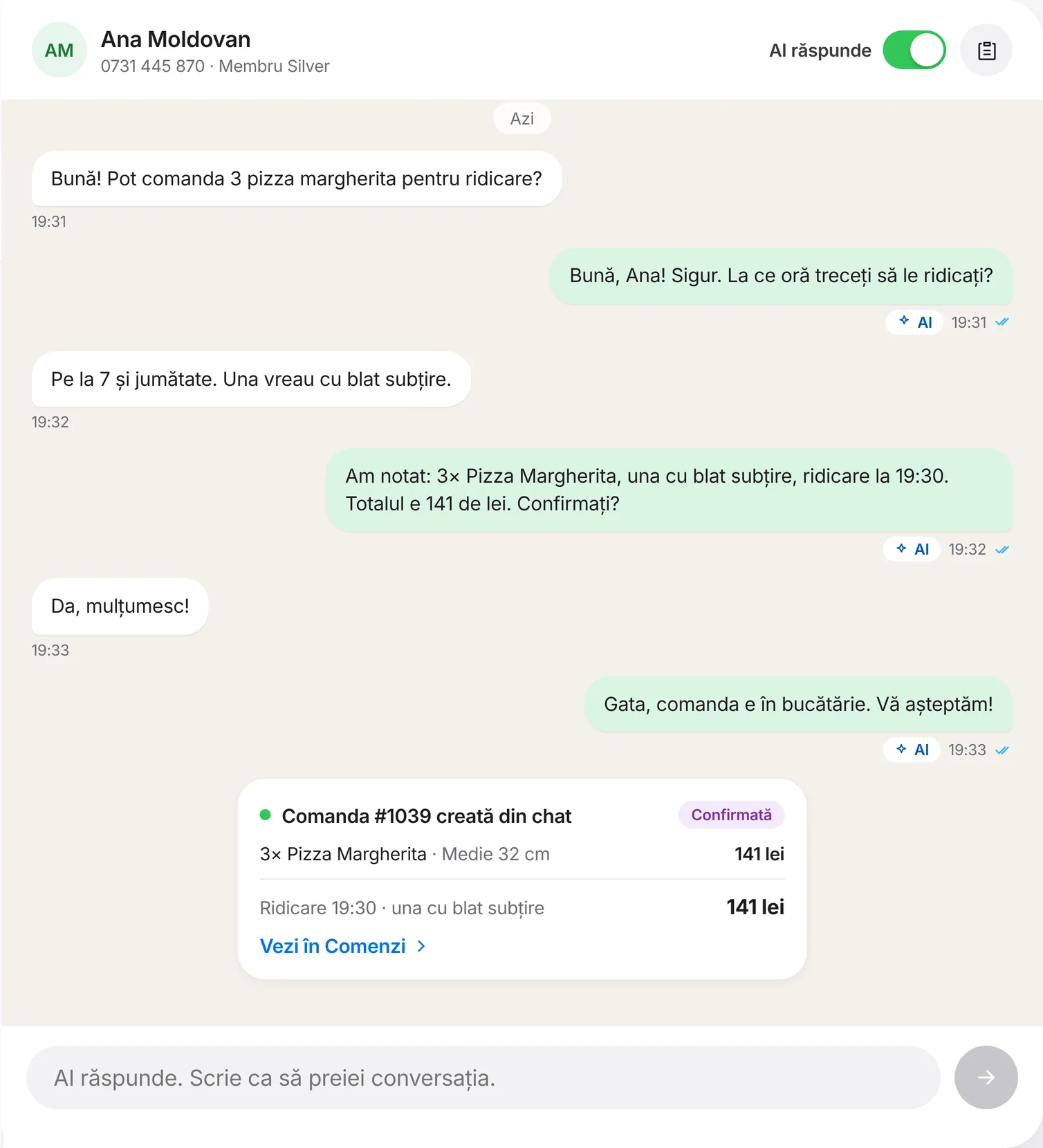 Conversație pe WhatsApp în care AI-ul preia o comandă de pizza pentru ridicare